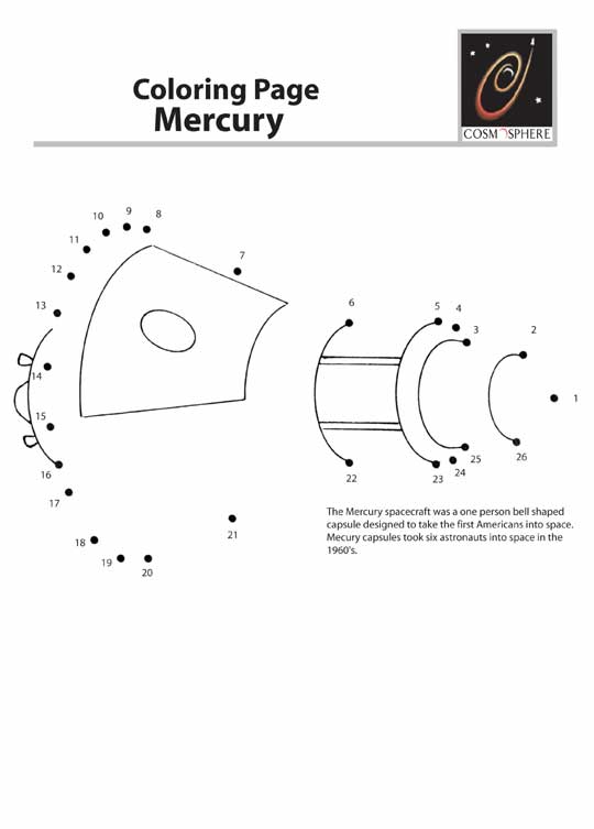 mercury spaceship printable dot to dot - connect the dots 1-20 numbers