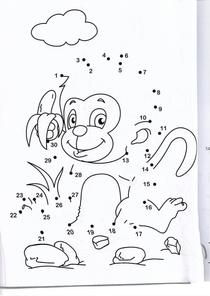 monkey animal eating banana printable dot to dot – connect the dots numbers 1-30